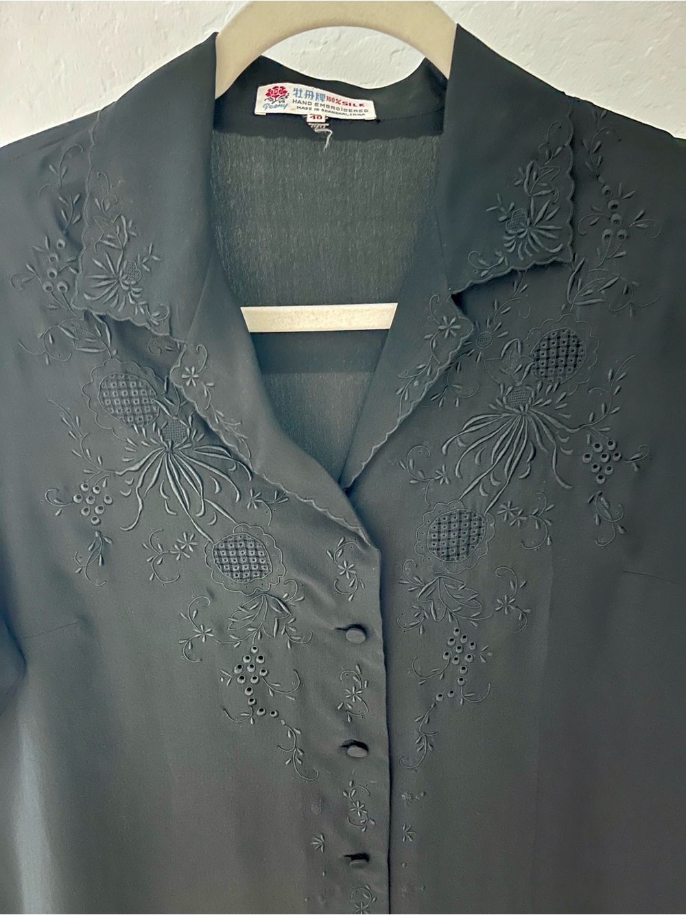 Vintage Black Peony Silk Hand-Embroidered Short-Sleeve Blouse